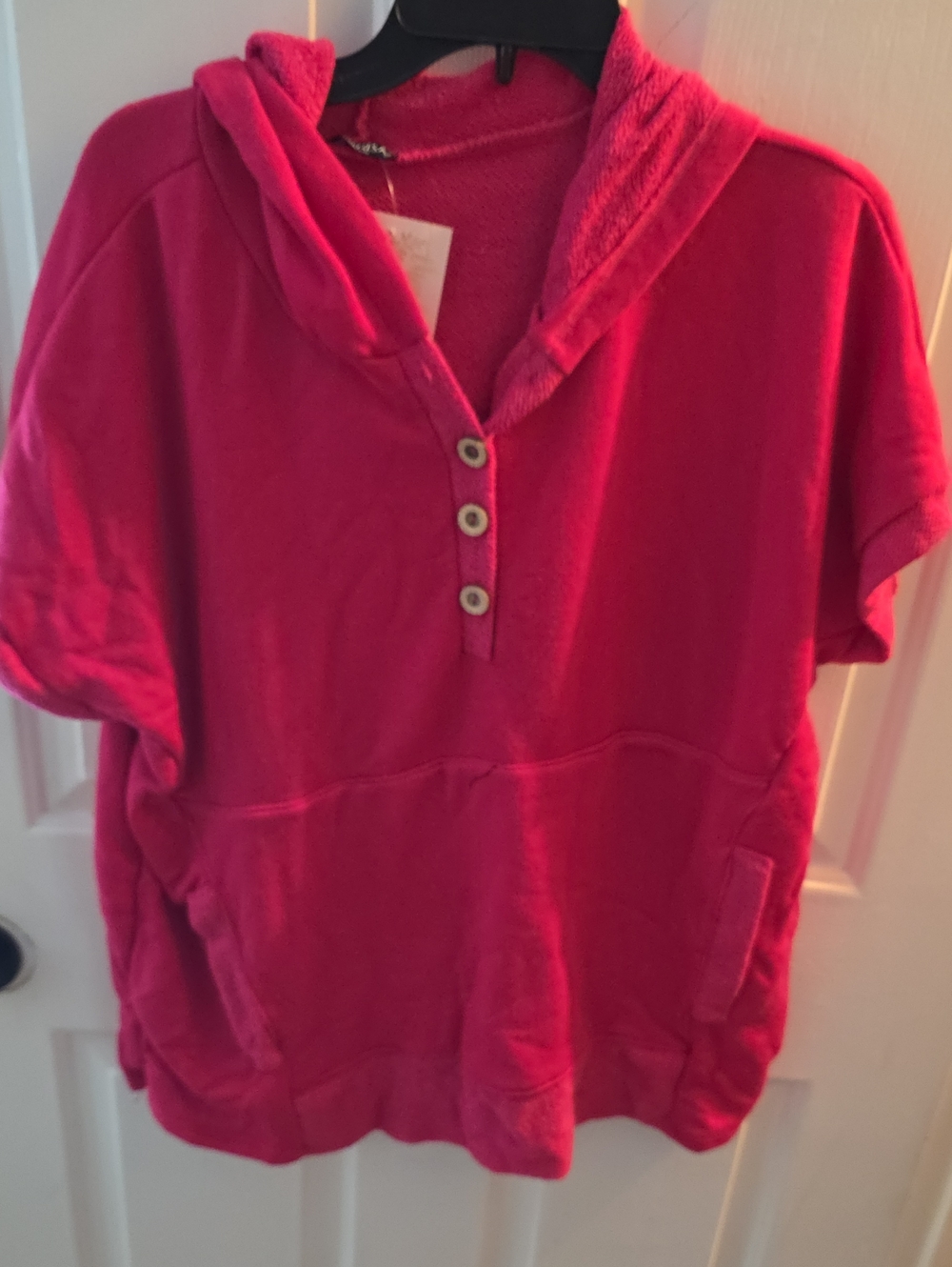 HEIMISH USA Bright Pink Short-Sleeve Hoodie with Button Placket